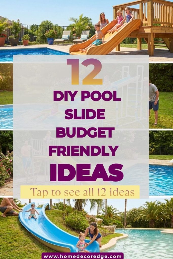 Four DIY pool slide ideas including sturdy wooden deck PVC pipe platform with secure ladder and gentle ground level slide