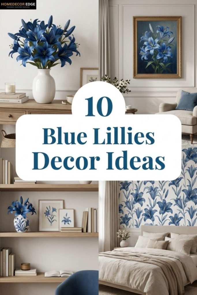 Four blue lilies decor ideas including bouquet white vase painting living room aesthetic shelf and wallpaper bedroom..