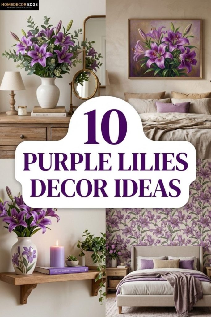 Four purple lilies decor ideas including bouquet white vase painting bedroom aesthetic shelf and wallpaper accent wall.