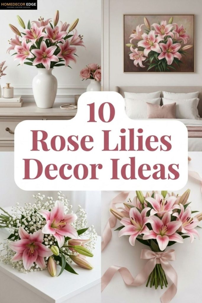 Beautiful bedroom with rose lilies painting on wall rose lily bouquet white vase and soft blush white bedding