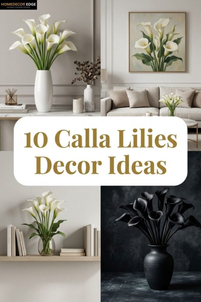 Four calla lilies decor ideas including bouquet white vase painting living room aesthetic shelf piece and black calla lilies arrangement