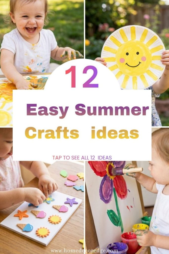 Four easy summer crafts for toddlers including finger painting summer colors paper plate sunshine foam sticker art and chunky brush flower
