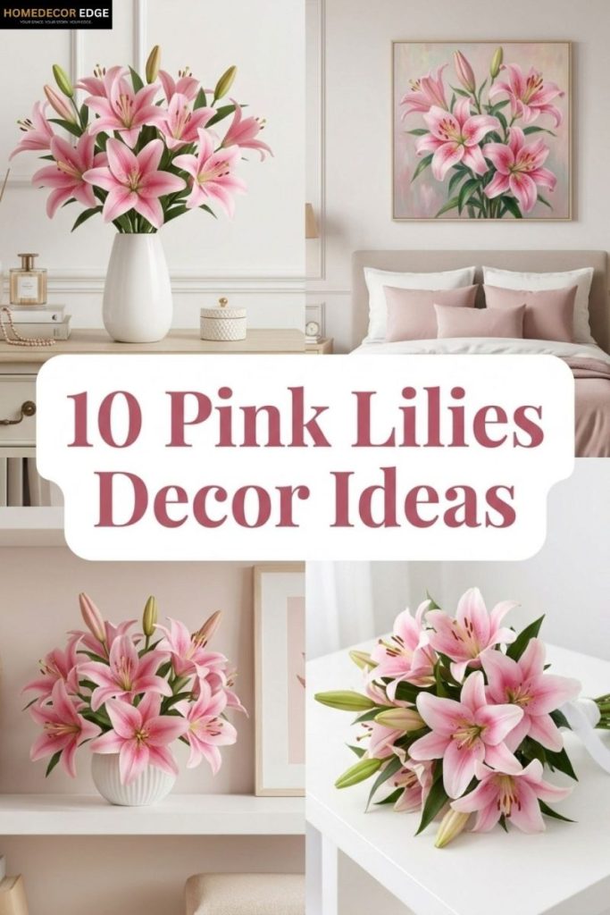 Four pink lilies decor ideas including bouquet white vase painting bedroom aesthetic shelf piece and wedding bouquet.