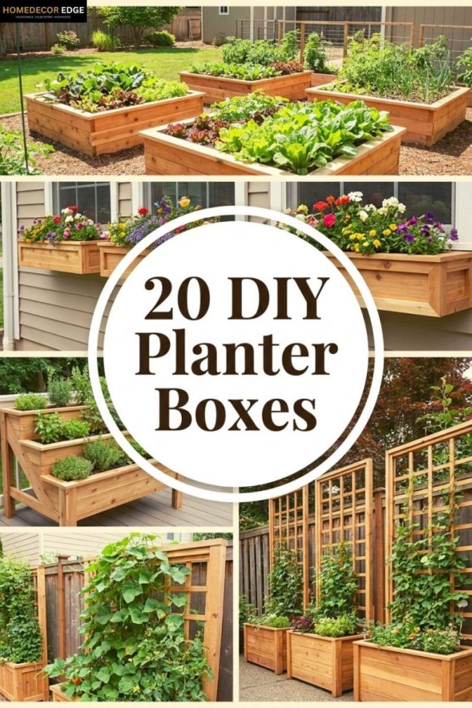 Pinterest collage showing 20 DIY planter box ideas for porch deck garden and yard