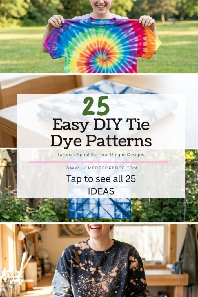 Four easy DIY tie dye patterns including rainbow spiral shirt blue white star pattern shibori indigo fabric and bleach tie dye shirt