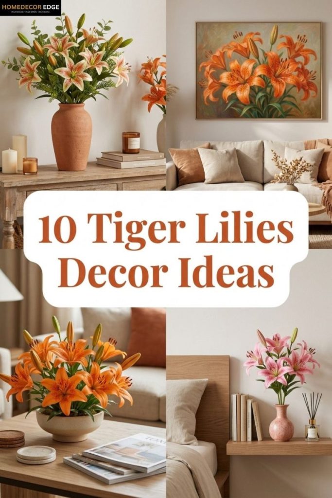 Four tiger lilies decor ideas including bouquet terracotta vase painting living room orange arrangement and pink tiger lilies shelf.