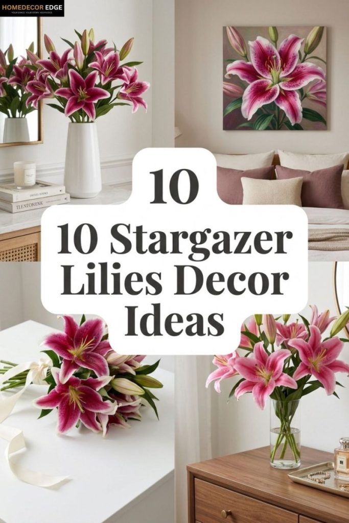 Four stargazer lilies decor ideas including bouquet white vase painting bedroom wedding bouquet ribbon and pink glass vase dresser,