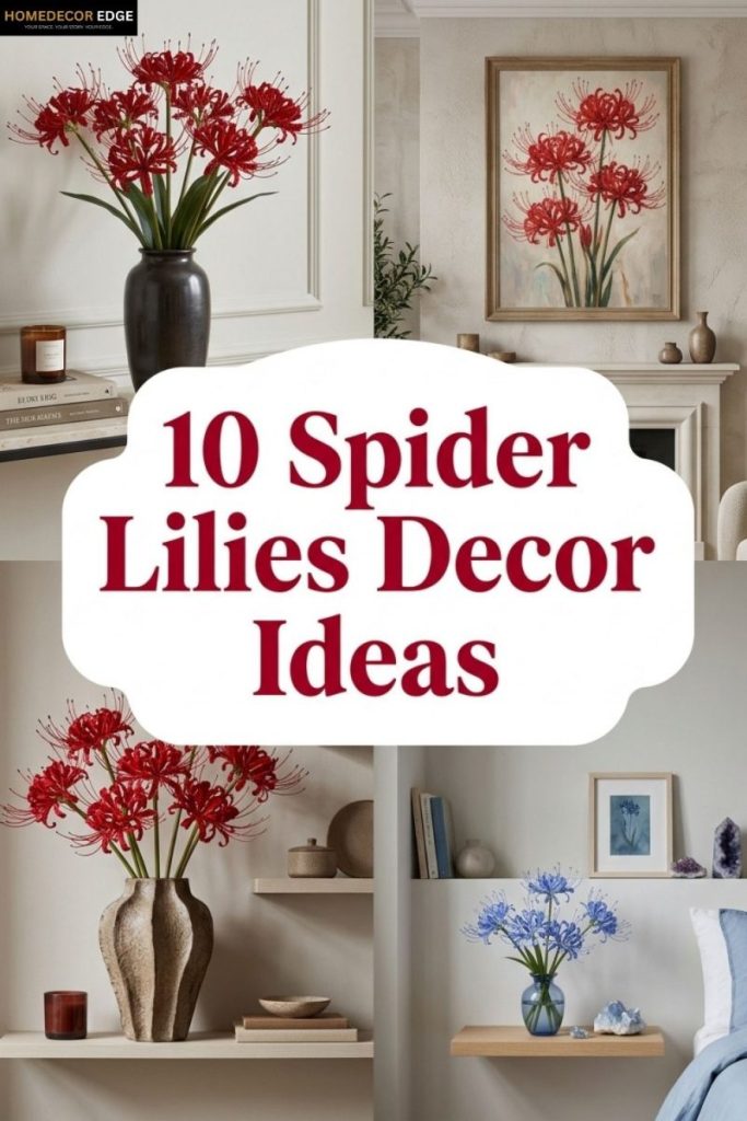 Four spider lilies decor ideas including bouquet dark vase painting living room red arrangement shelf and blue aesthetic bedroom