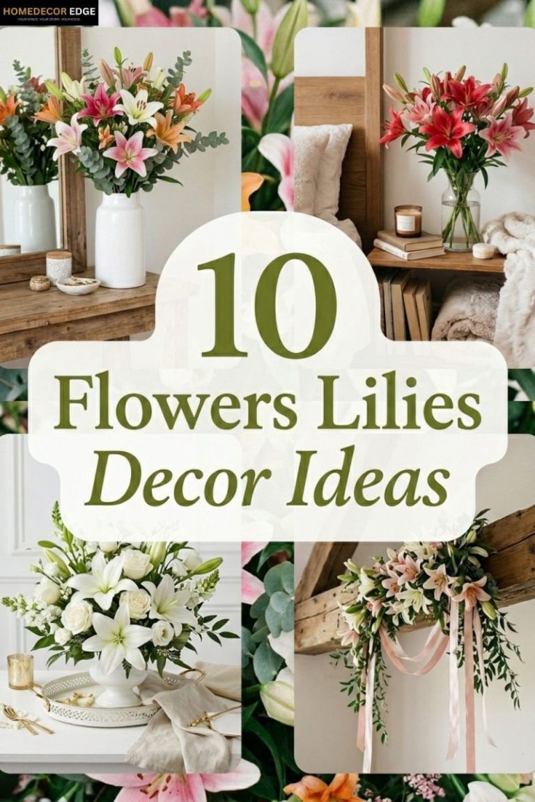 Beautiful home with mixed flowers lilies bouquet tall white vase console and lilies painting on wall