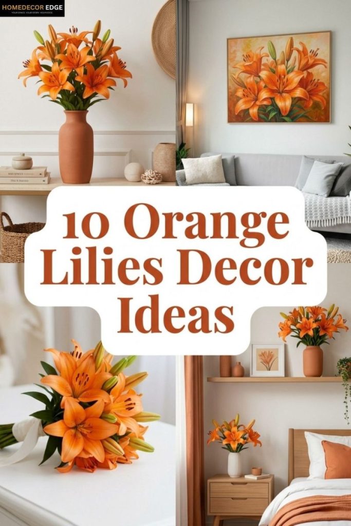 Four orange lilies decor ideas including bouquet terracotta vase painting living room wedding bouquet and aesthetic bedroom shelf