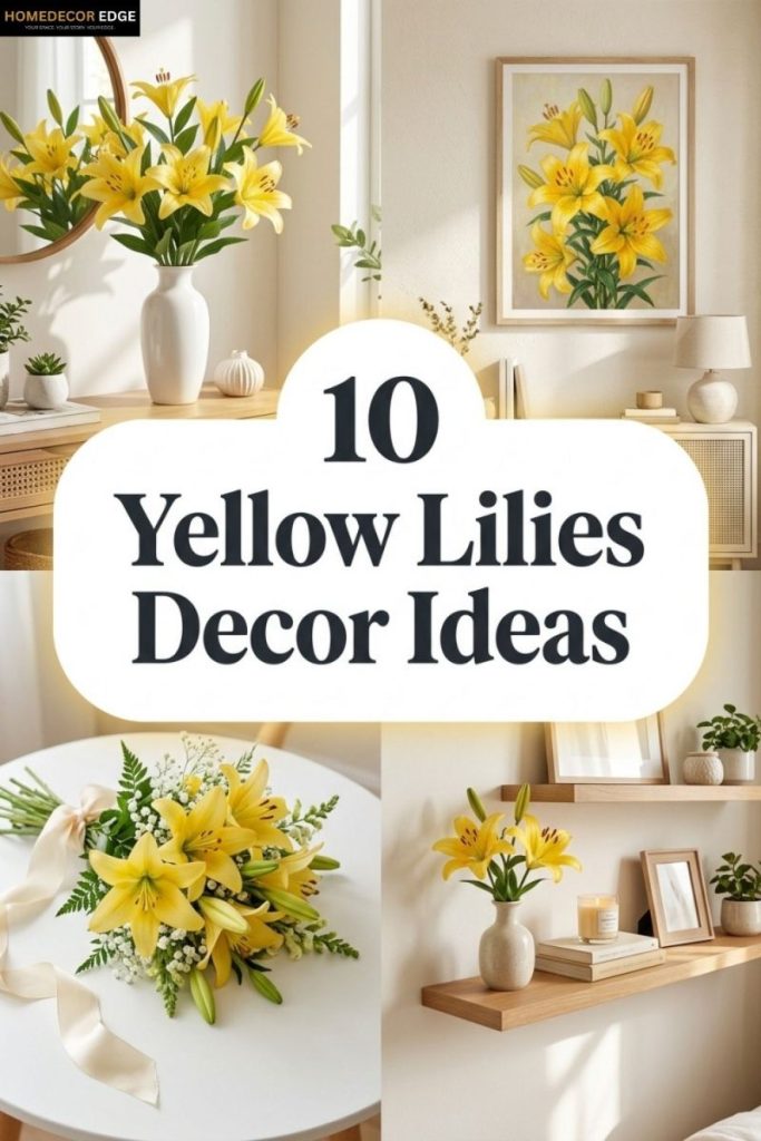 Four yellow lilies decor ideas including bouquet white vase painting living room wedding bouquet ribbon and aesthetic bedroom shelf