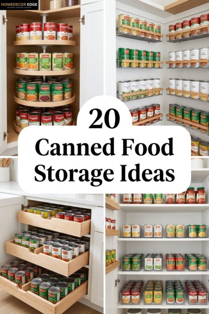 Neatly organized pantry shelf with labeled canned goods arranged by category on tiered wire racks