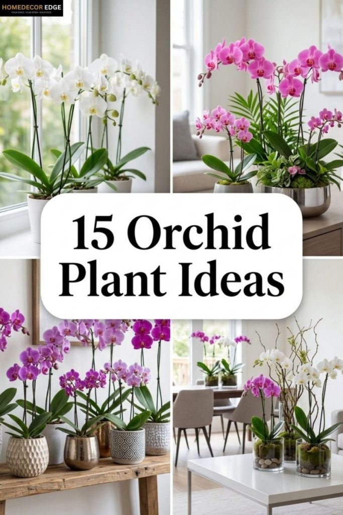 Pinterest collage showing 15 orchid plant ideas for indoor growing care arrangements and decor