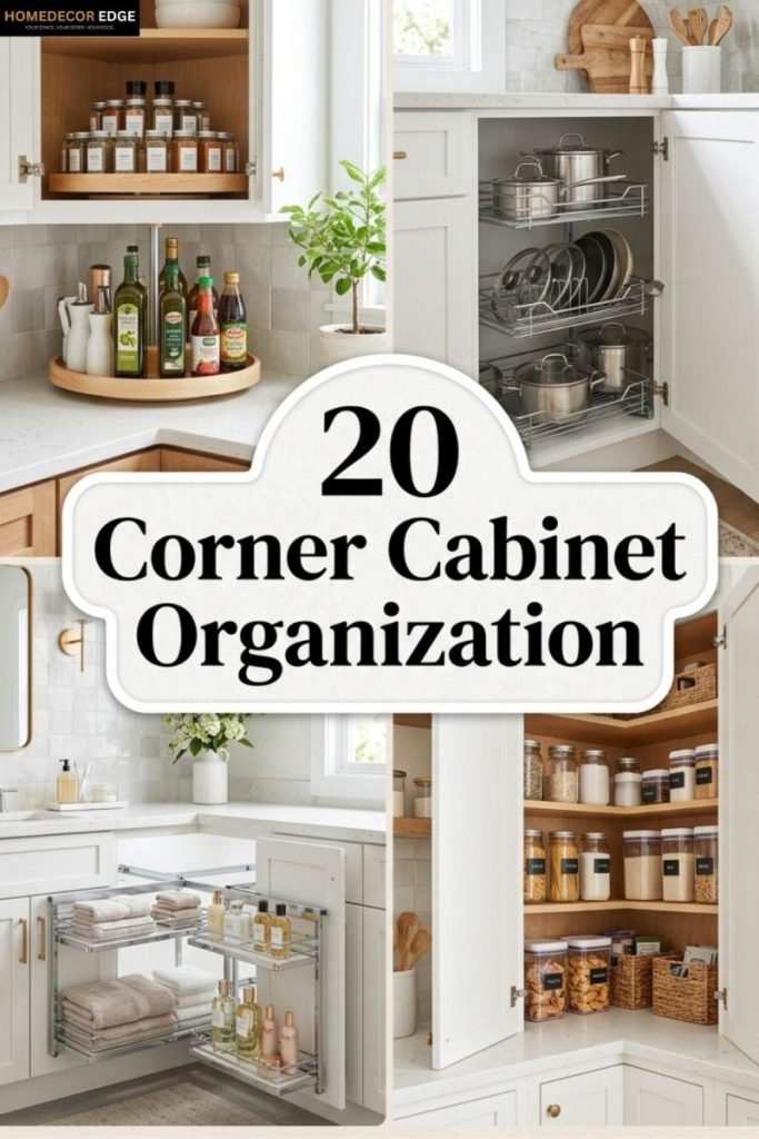 Pinterest collage showing 20 corner cabinet organization ideas for kitchen and bathroom