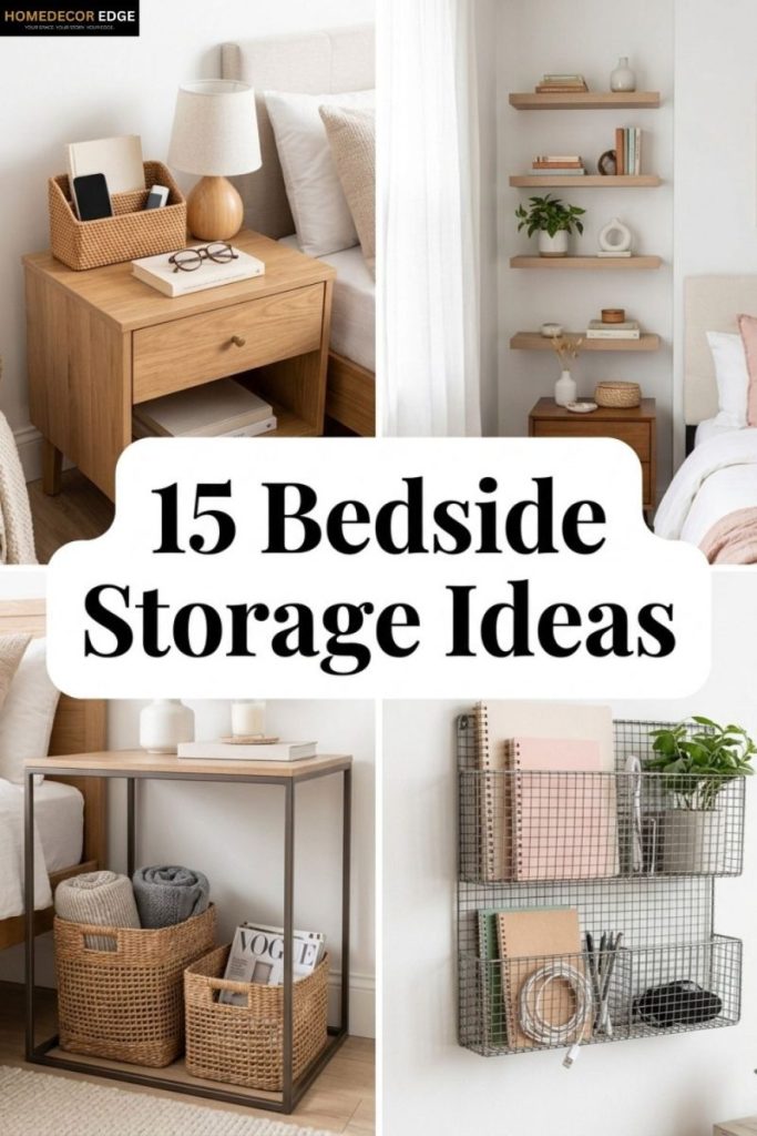 Pinterest collage showing 15 bedside storage ideas for small and large bedrooms