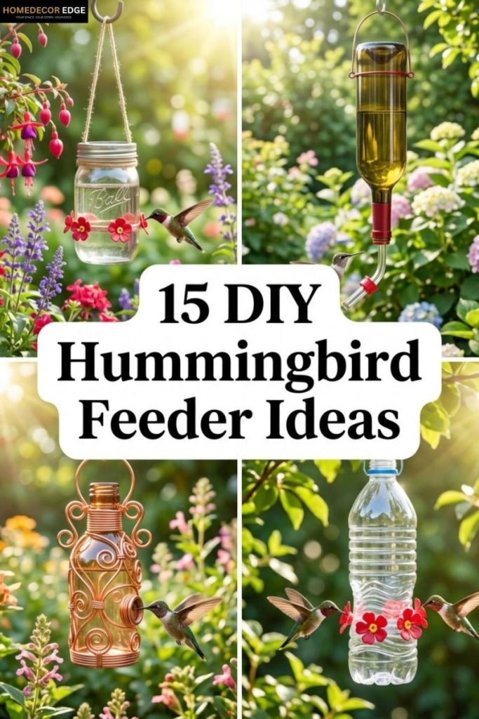 Pinterest collage showing 15 DIY hummingbird feeder ideas using mason jars wine bottles and more