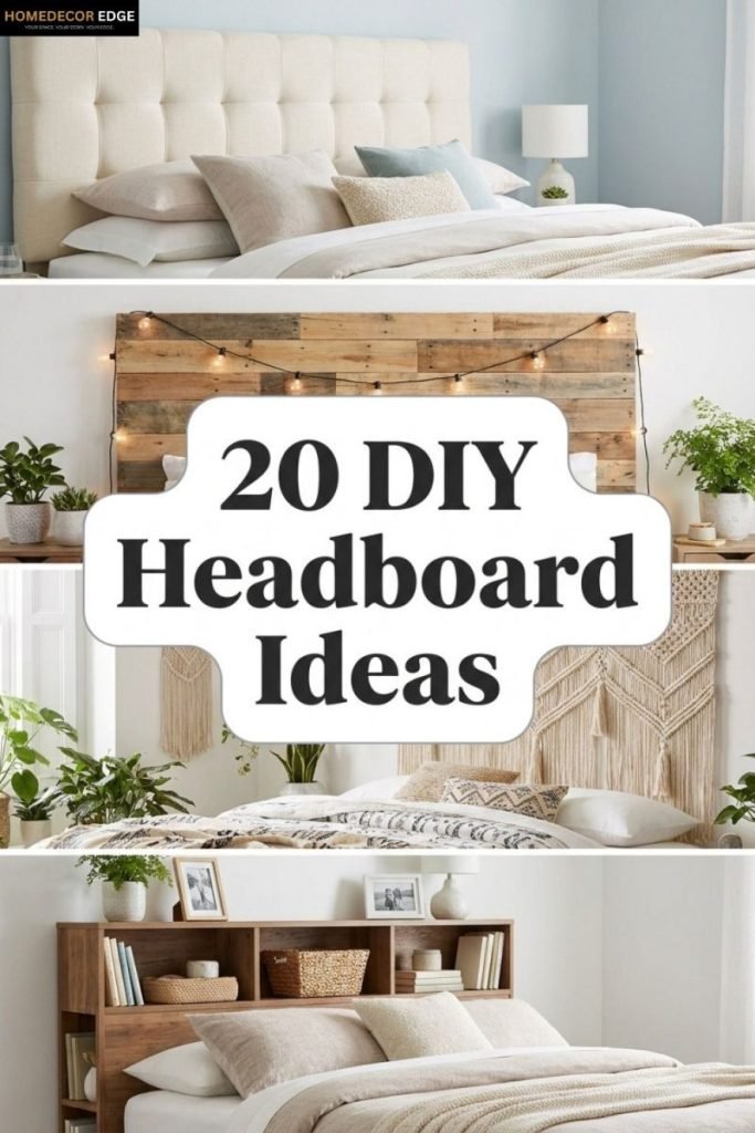 Pinterest collage showing 20 DIY headboard ideas for every bedroom style and budget