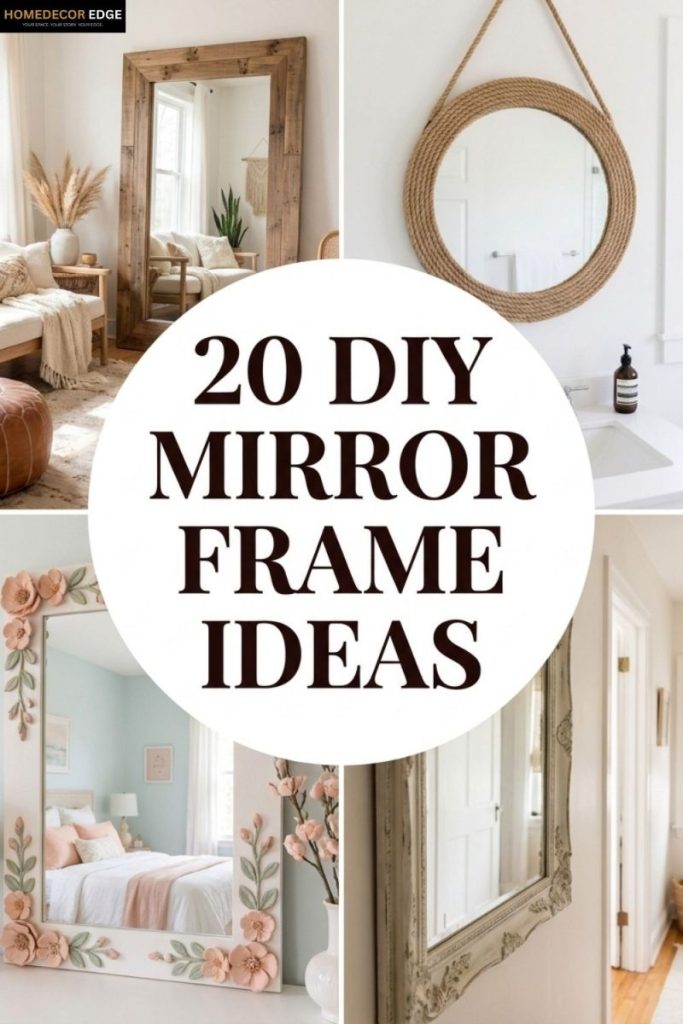 Pinterest collage showing 20 DIY mirror frame ideas for bathroom bedroom and home decor