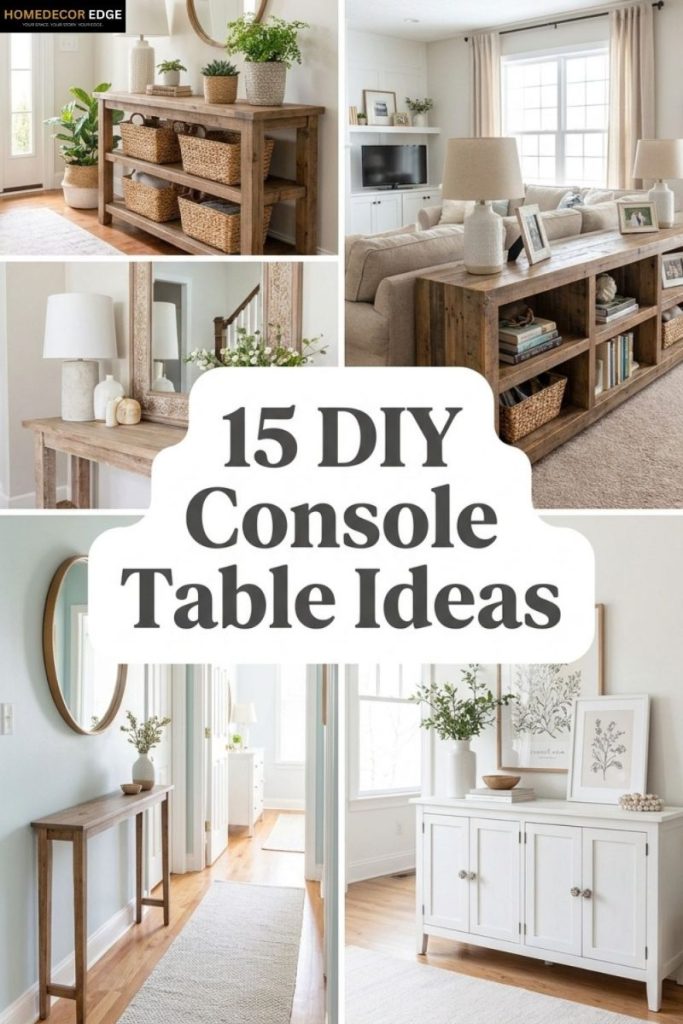 Pinterest collage showing 15 DIY console table ideas for entryway behind couch and living room