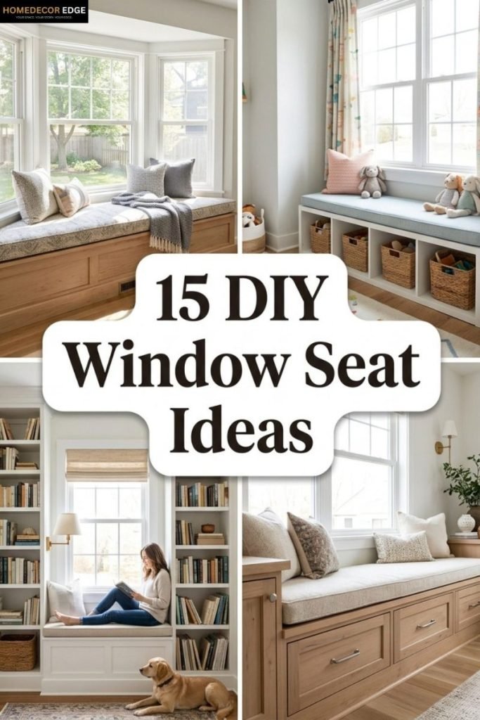 Pinterest collage showing 15 DIY window seat ideas for storage bookshelves kids room and bay windows
