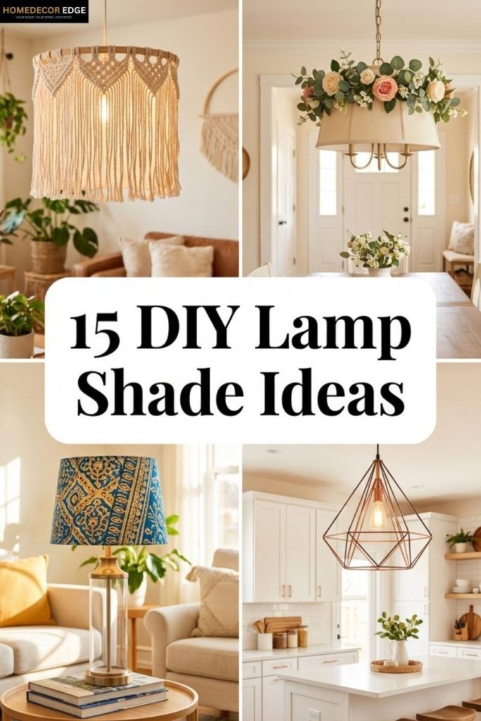 Pinterest collage showing 15 DIY lamp shade ideas for makeover fabric frame paper and boho styles
