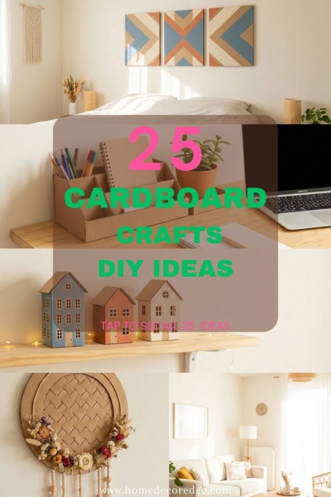 Four cardboard crafts including geometric wall art cardboard organizer mini cardboard houses and aesthetic circle wall hanging