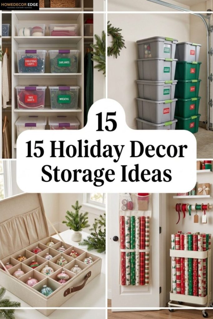 Pinterest collage showing 15 holiday decor storage ideas for closets garages basements and apartments