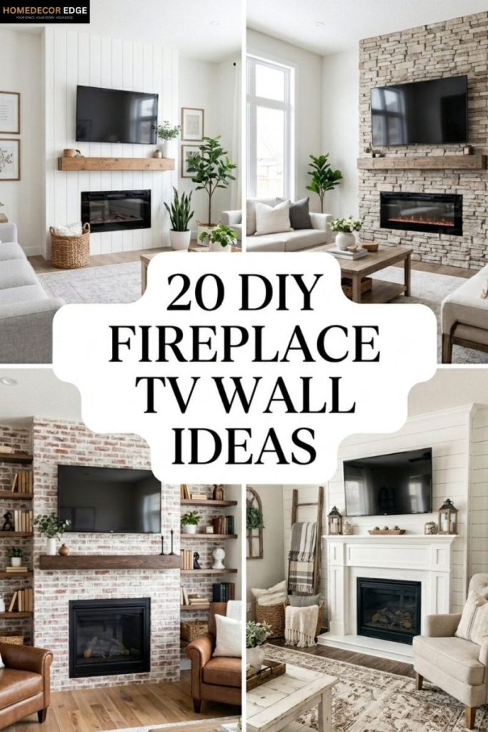 Pinterest collage showing 20 DIY fireplace TV wall ideas for shiplap stone brick bookshelves and farmhouse styles