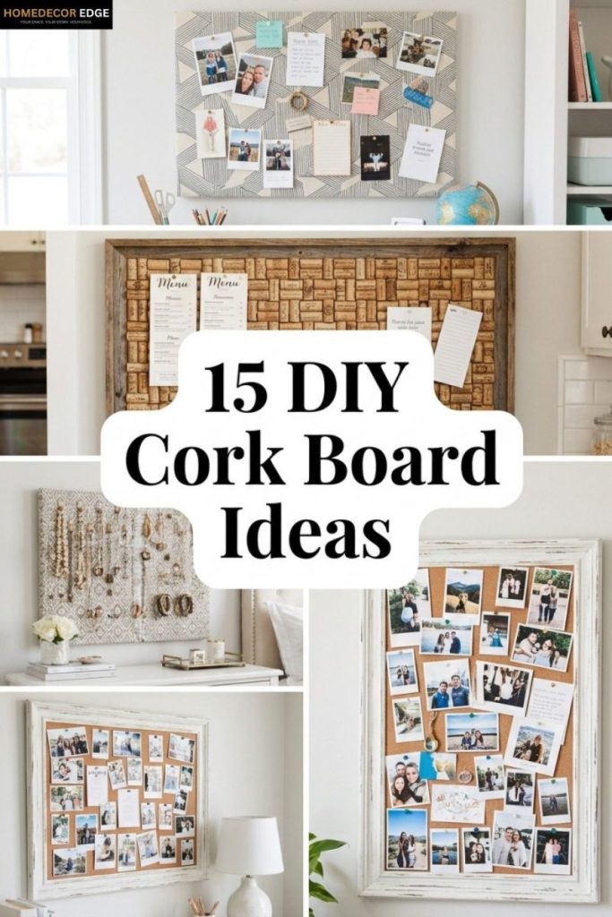 Pinterest collage showing 15 DIY cork board ideas for wall office bedroom and jewelry organizer