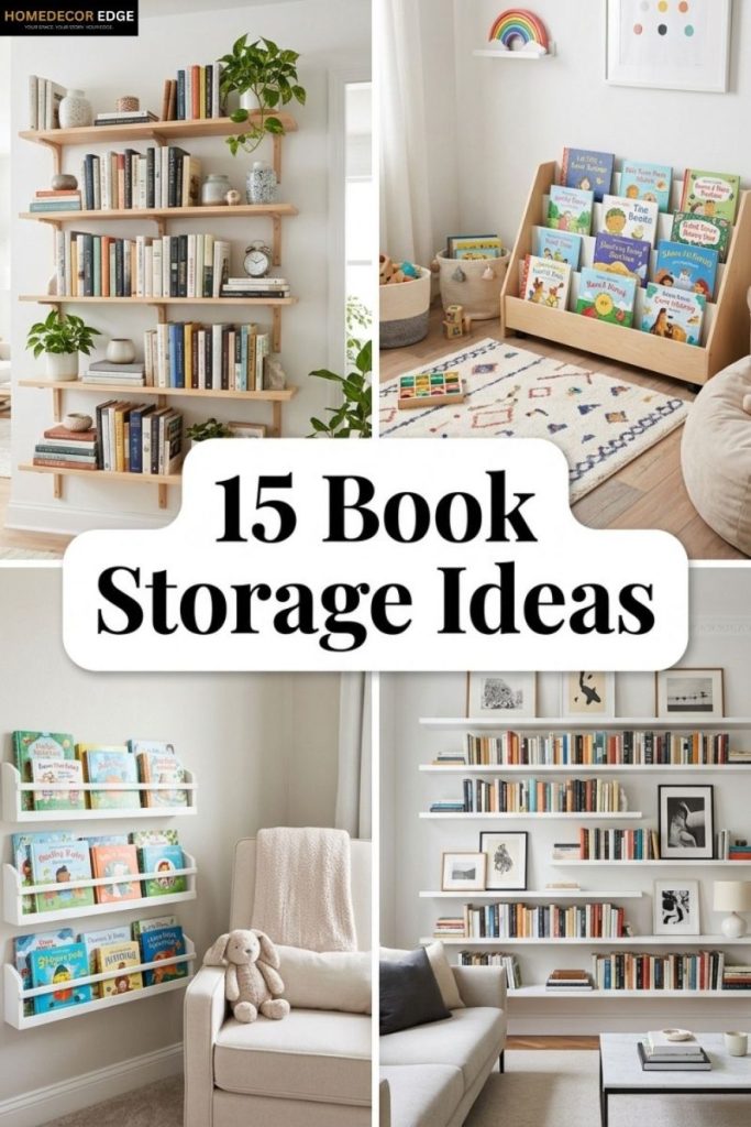 Pinterest collage showing 15 book storage ideas for bedroom kids room nursery living room and small spaces
