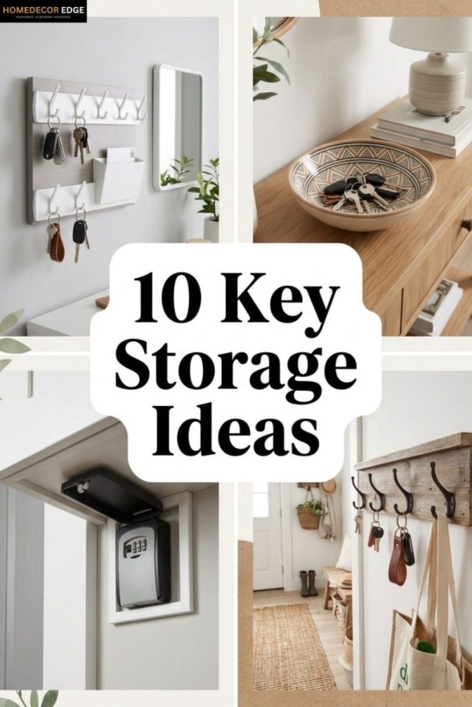 Pinterest collage showing 10 key storage ideas for entryway hallway kitchen and office