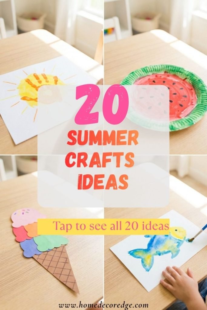 Four summer crafts for preschoolers including handprint sunshine paper plate watermelon construction paper ice cream and watercolor fish