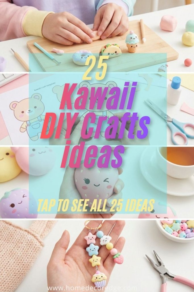 Four kawaii DIY crafts including tiny clay food characters paper craft template squishy food shape and pastel bead keychain