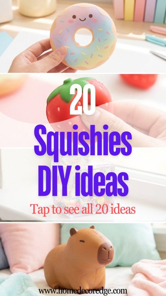 Four squishies DIY ideas including paper food character slow rise foam strawberry taba cube colorful and cute capybara foam squishy