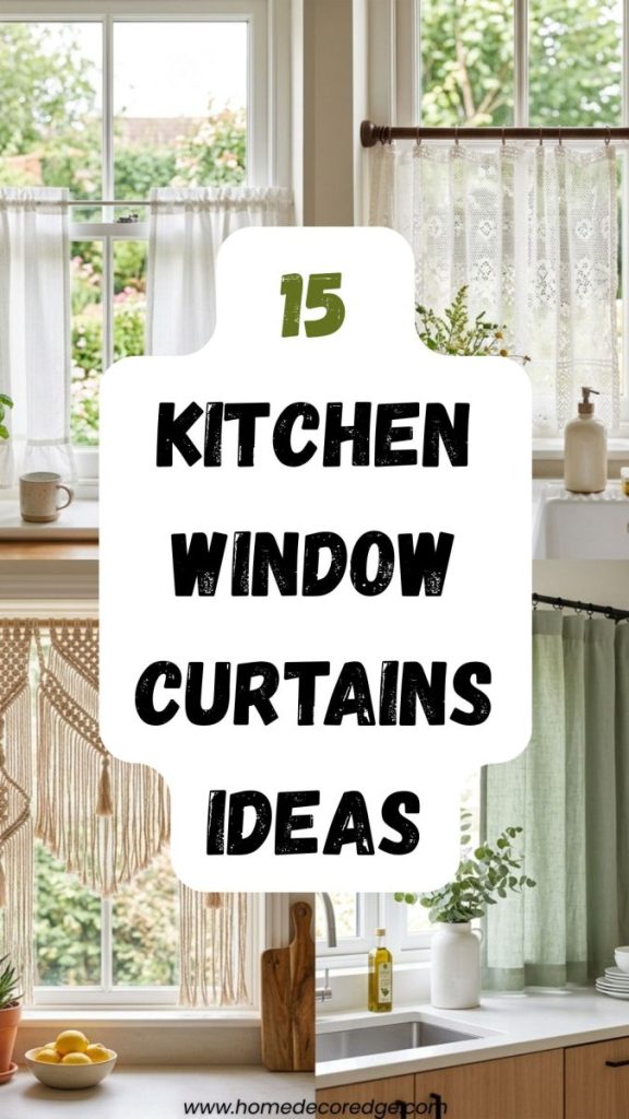 Four kitchen window curtains including white cafe curtains bright window lace half above sink macrame boho natural texture and green linen modern