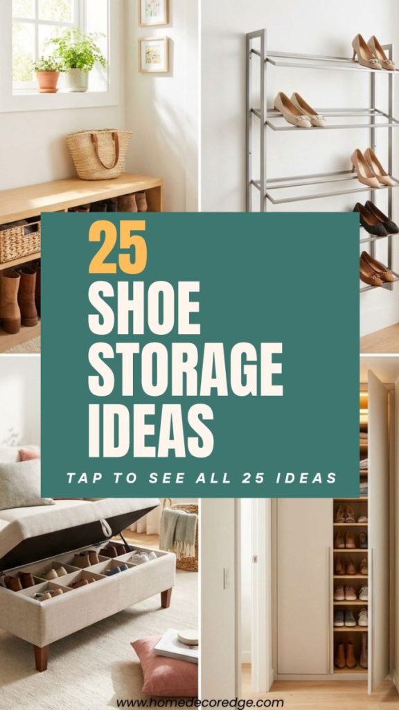 Four shoe storage ideas including entryway bench with shoes wall mounted rack elegant hidden ottoman living room and narrow cabinet hallway