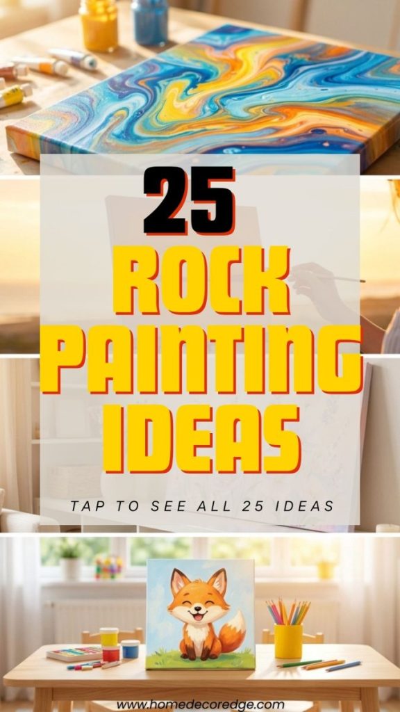 Four acrylic painting ideas including vibrant pour painting simple sunset landscape aesthetic pastel flowers and cute simple animal
