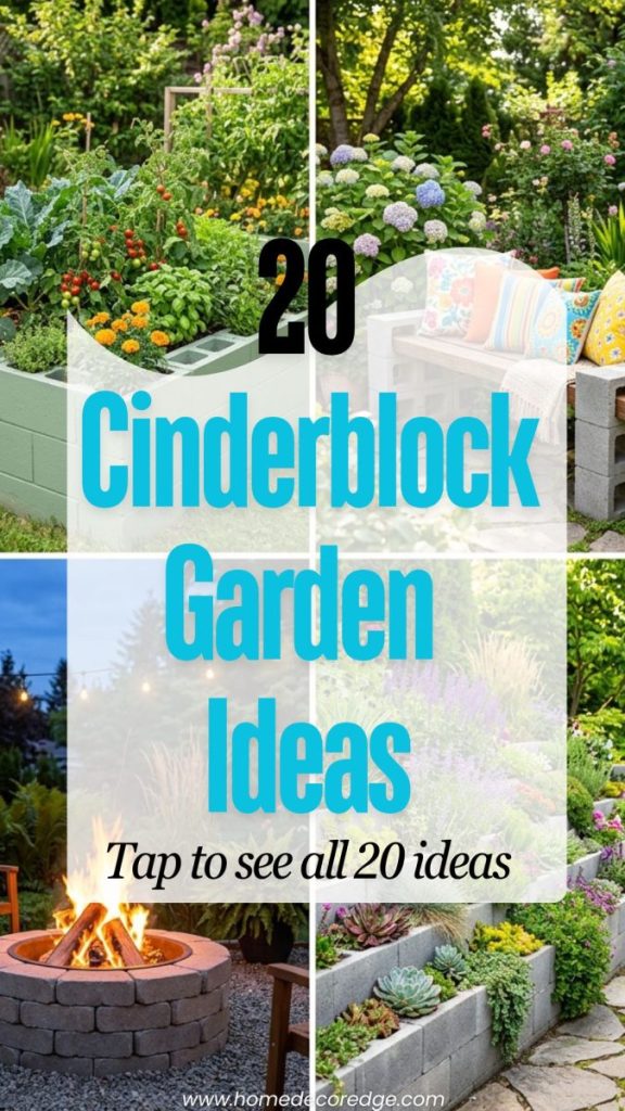 Four cinderblock garden ideas including painted raised bed with vegetables bench bright cushions fire pit evening and retaining wall with plantings