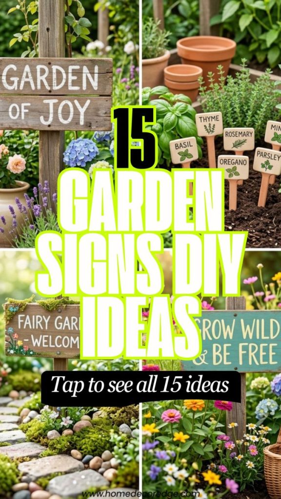 Four garden signs DIY including rustic pallet lettering among flowers clay herb markers fairy garden whimsical and vintage painted quote stake