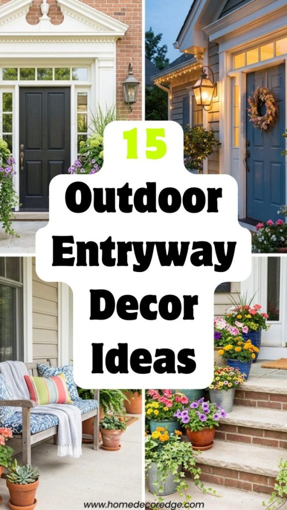 Four outdoor entryway decor ideas including symmetrical planters front door lantern-lit entrance welcoming bench plants and decorated steps