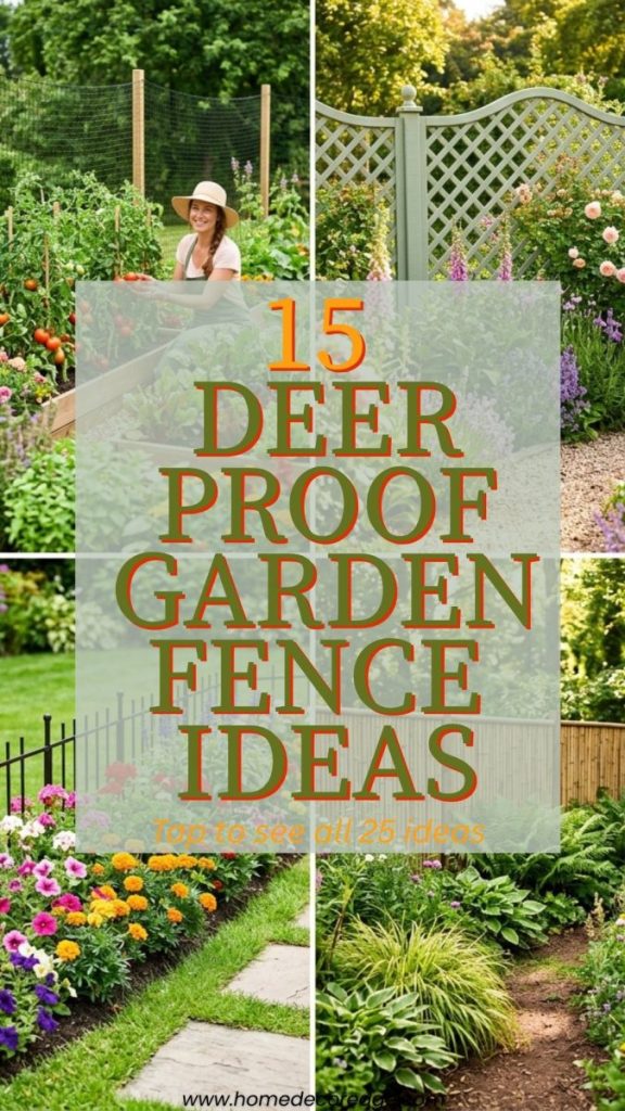 Four deer proof garden fence ideas including tall netting around vegetables decorative wooden cottage garden black metal with flowers rustic bamboo
