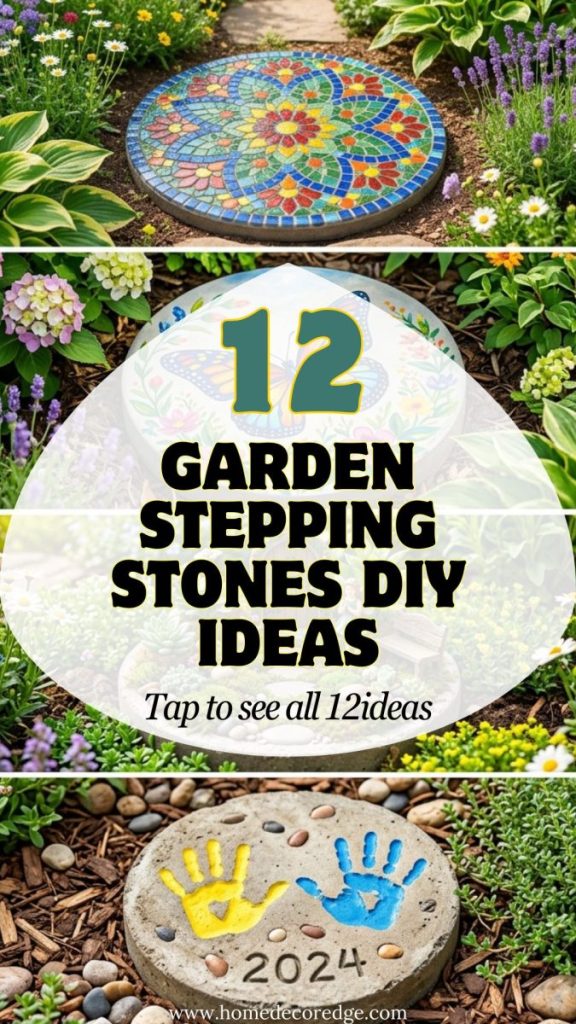 Four garden stepping stones DIY ideas including colorful mosaic glass tile painted butterfly fairy garden and sweet kids handprint concrete