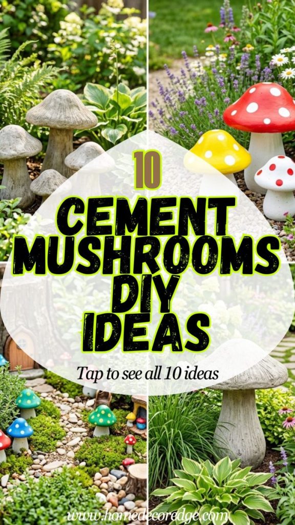 Four cement mushrooms DIY including large concrete natural finish painted colorful red white small fairy garden and large statement focal point