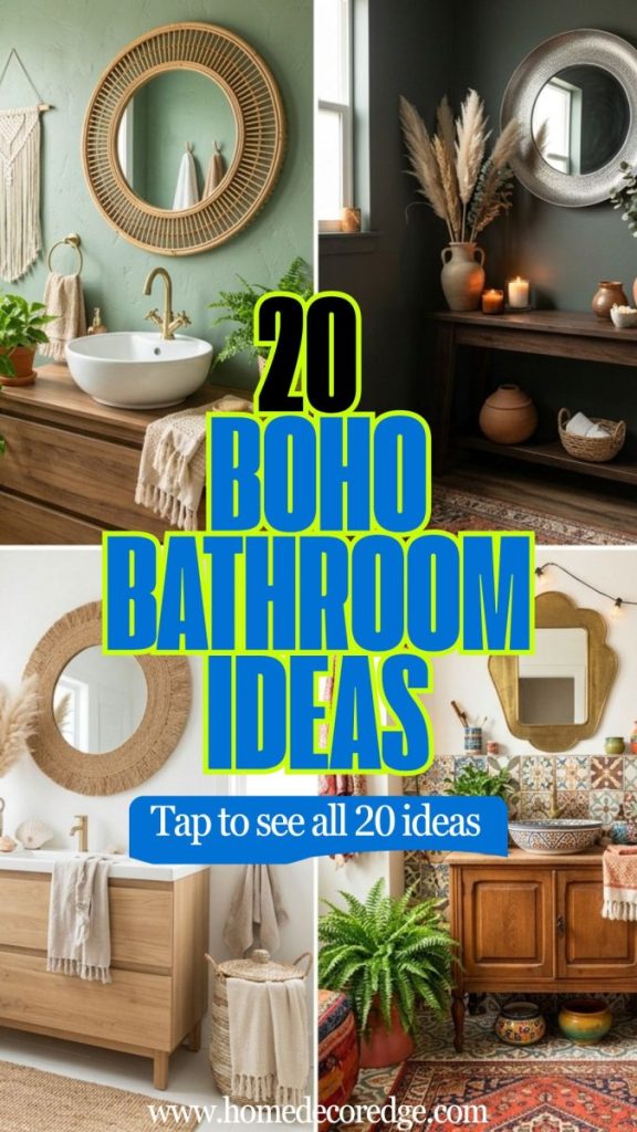 Four boho bathroom ideas including sage green rattan macrame dark moody botanicals coastal pampas grass and colorful vintage mixed patterns
