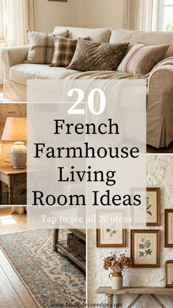 Four french farmhouse living room ideas including cream linen sofa rustic pillows vintage lamp french country rug and elegant wall decor