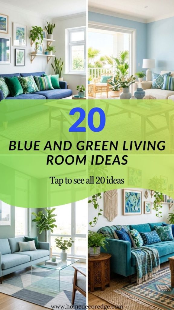 Four blue and green living room ideas including navy sofa green pillows coastal natural textures modern minimalist and bohemian eclectic