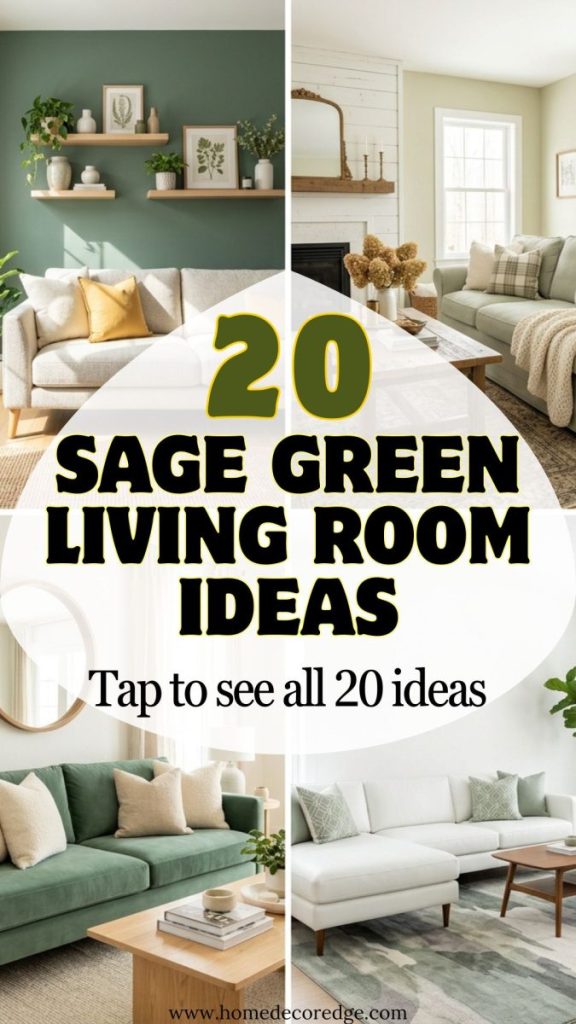 Four sage green living room ideas including accent wall cream sofa gold sage velvet sofa warm wood cozy farmhouse shiplap modern clean botanical
