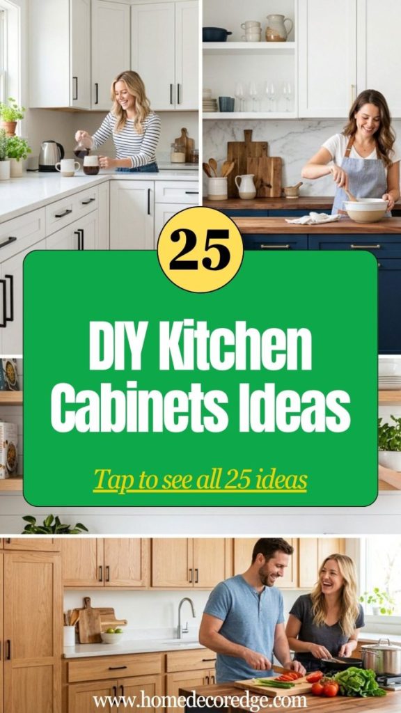 Four DIY kitchen cabinet ideas including white with black hardware two-tone navy white open shelf styled displays and warm wood makeover