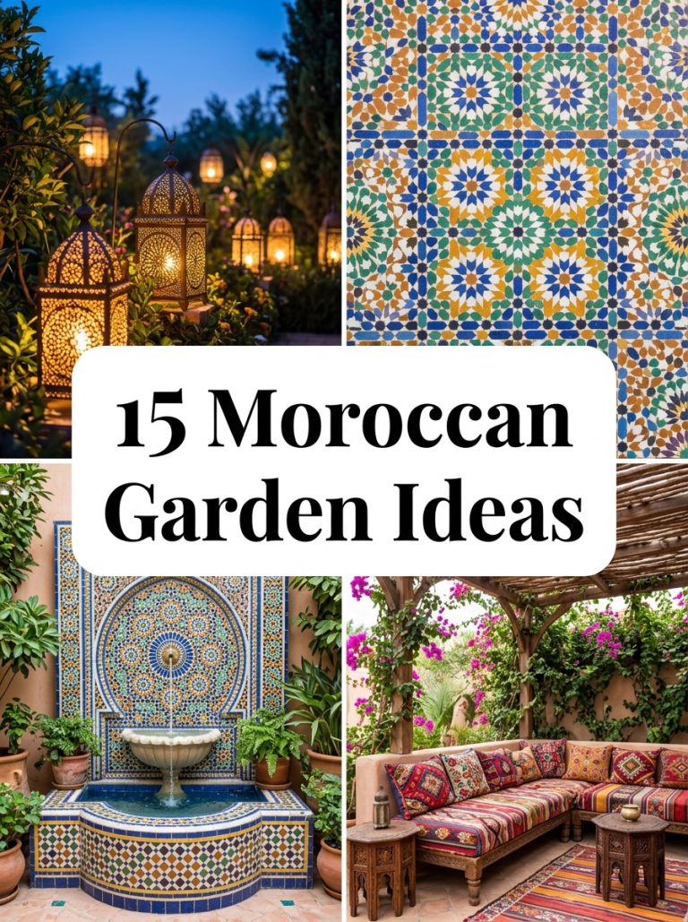 Stunning Moroccan garden patio with mosaic tiles ornate lanterns and small fountain