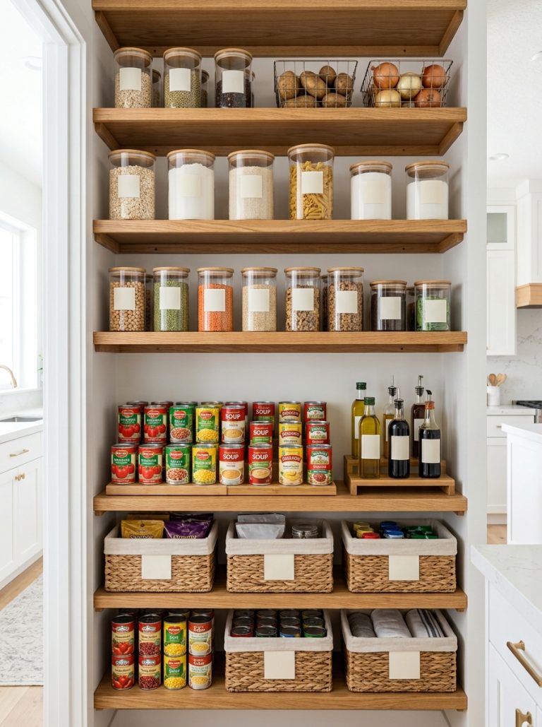 Beautifully organized DIY pantry shelving with wood shelves jars cans and baskets